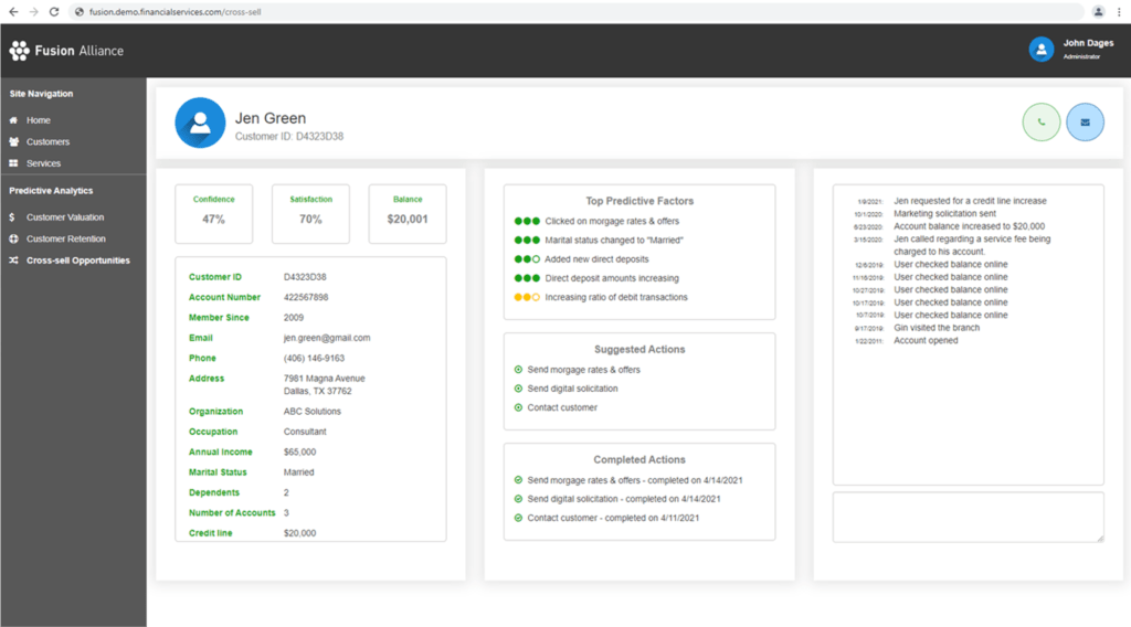 In this example, marketing inputs, like website data, is combined with transaction and deposit information. When a banker or service representative encounters a customer, either in person in on the phone, they can suggest specific next steps, or ask if the customer has questions. Having a dashboard with this information enables banking employees to be empowered to guide the conversation with data in real time.