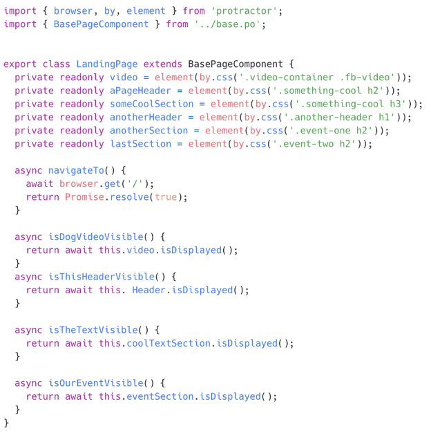 A JavaScript code example, showing how unit tests could be set up via Protractor and Jasmine framework (powered by the test runner Karma) for an Angular website. The landing page is where end-users would typically first encounter the website, so the tests below ensure that all elements, headers, and other content is visible to the user.