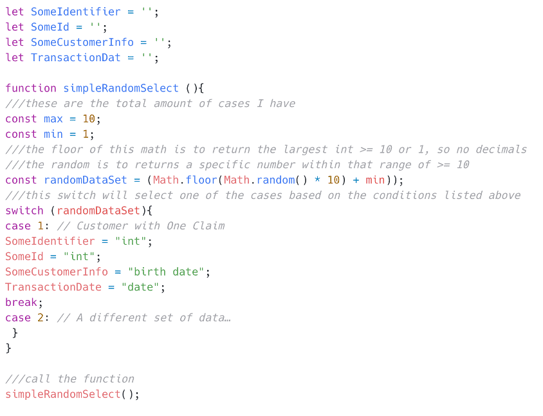 This is a code example shows an API test written in JavaScript on the Postman application. The data set was read randomly from various collection variables thanks to the switch statement. This test could be run by the Collection Runner in Postman or on a command line interface through Newman. Regardless the data would come from a CSV file.