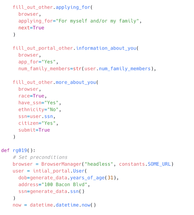 This code example shows an API test written in JavaScript on the Postman application. The data set was read randomly from various collection variables thanks to the switch statement. This test could be run by the Collection Runner in Postman or on a command line interface through Newman. Regardless the data would come from a CSV file.